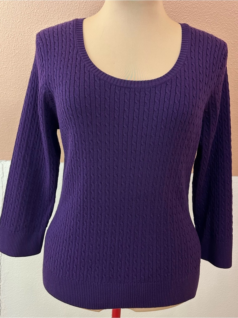 Pria Cable Knit Sweater XL Purple Cotton Nylon Long Sleeve Scoop Neck Preppy
